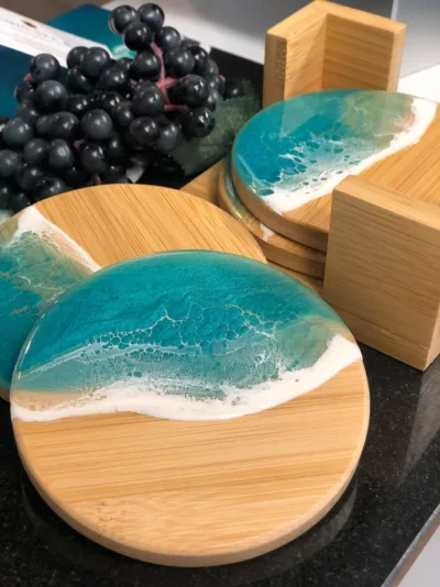 bamboo coaster set with base designed and made in RI