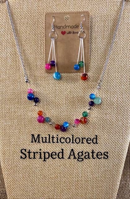 Beautiful Made in Rhode Island multicolored striped agates earrings and necklace